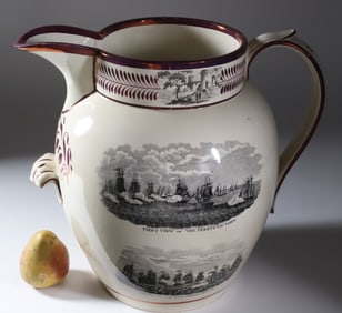 English Sunderland Monumental Pink Lustre Commemorative Pitcher, 19th Century