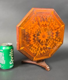 Antique Multiwood Inlaid Octagonal Salesman Sample Tilt Top Table, 19th Century