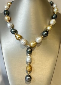 Fine 15mm-12mm White and Gold South Sea and Tahitian Pearl Lariat Necklace, 18k Gold Bead Accents