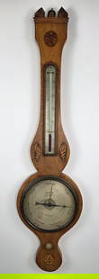 Antique English Regency Inlaid Banjo Barometer, 19th century: Antique English Regency Inlaid Banjo Barometer, 19th century, with conch shell and sun flower satinwood inlays, mercury fully intact. 38.5 in. x 10.25 in.