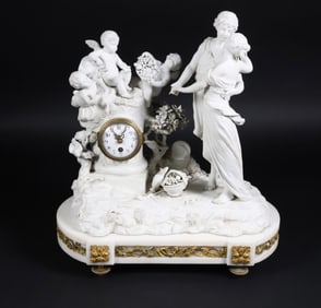 French Bisque and Marble Figural Mantel Clock, circa 1820-40
