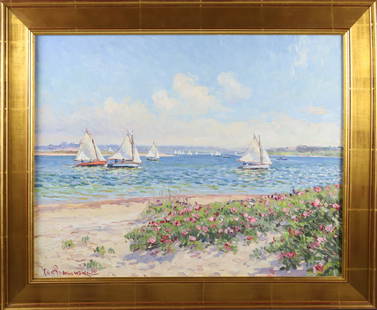 Jan Pawlowski Oil on Canvas "Sailing Inner Harbor, Nantucket", circa 2010: Jan Pawlowski (Polish-American b. 1949) Oil on Canvas "Sailing Inner Harbor, Nantucket", circa 2010, signed and dated lower left and on the reverse Jan Pawlowski '10, in molded gilt frame Overall 30 i