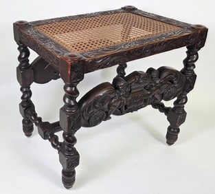 Antique English Oak Figural Carved Cane Seat Joint Stool, 18th century