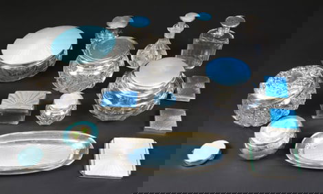 Fifteen Piece Collection of Sterling Silver, Glass and Turquoise Enamel Toiletry Accessories