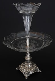 Etched Clear Glass and 800 Silver Epergne, circa 1920s