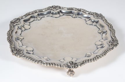 George V English Sterling Silver Footed Salver with Gadroon and Shell Repousse Border, circa 1913