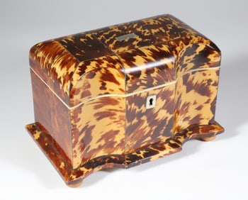 British Regency Antique Tortoiseshell Serpentine Front Double Compartment Tea Caddy, circa 1820