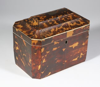 British Regency Antique Tortoiseshell Double Compartment Tea Caddy, early 19th Century