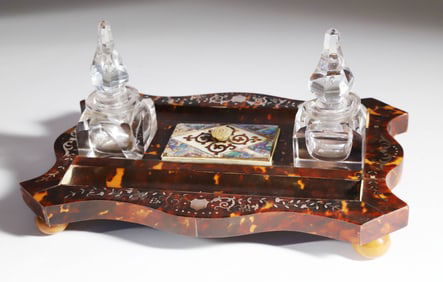 Fine Inlaid Antique Tortoiseshell Ink Stand, 19th Century