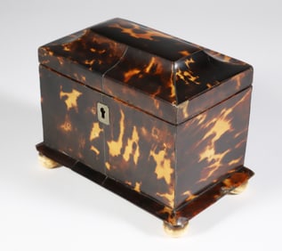 British Regency Diminutive Antique Tortoiseshell Double Compartment Tea Caddy, early 19th Century