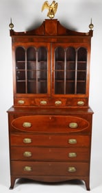 New England Inlaid Mahogany Secretary Bookcase, circa 1800-1810