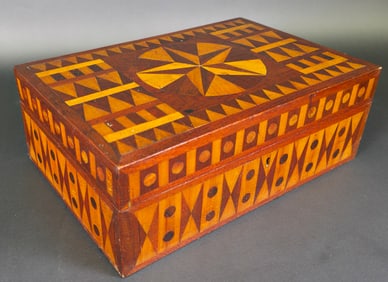 Antique American Multiwood Geometric Inlaid Box, 19th century