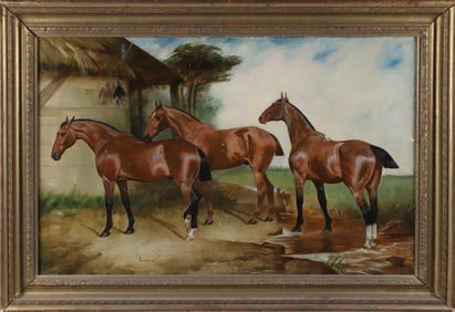 George Paice Oil on Canvas Portrait of Three Horses "Investment, Dublin and Rainee Bee", circa 1894