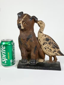 Scarce A.M. Greenblatt Antique Cast Iron Dog and Duck Doorstop, circa 1920s