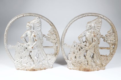 Pair of Vintage Cast Iron Silver Gilt Native American Doorstops