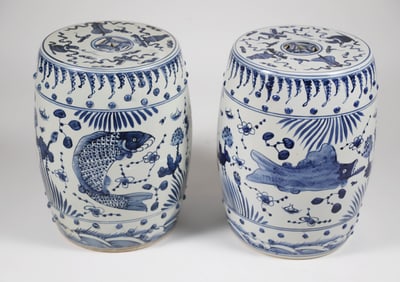 Pair of Canton Style Blue and White Porcelain Garden Stools with Fish Decorations