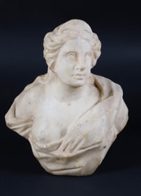 Antique Carved Romanesque Marble Bust, "Robed Female with Crown"