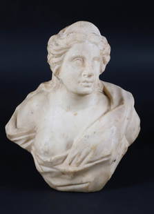 Antique Carved Romanesque Marble Bust, "Robed Female with Crown": Antique Carved Romanesque Marble Bust, "Robed Female with Crown" Height 12 in. Width 10 in. Depth 4.5 in.