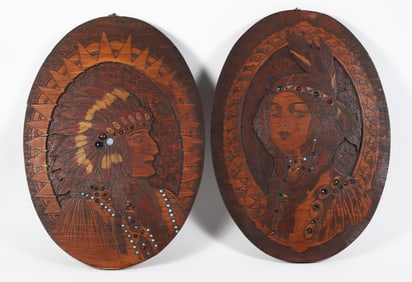 Pair Of Fleming Art Company Jeweled Plaques Depicting Native American Indians