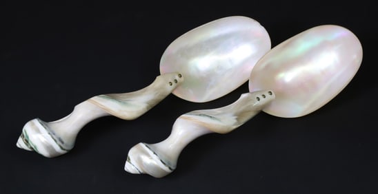Pair of Antique Mother of Pearl and Carved Seashell Serving Spoons
