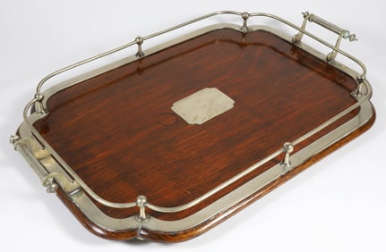 Vintage English Oak and Silver Plated Gallery Serving Tray