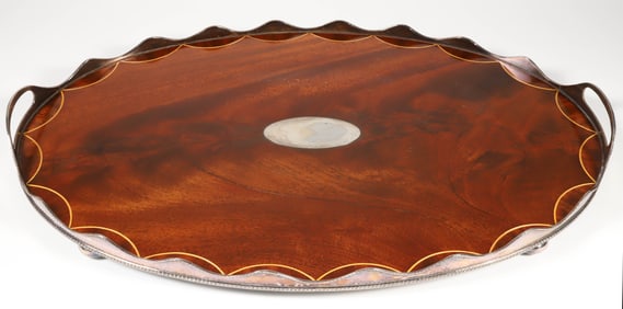 Vintage English Mahogany and Silver Plated Gallery Serving Tray