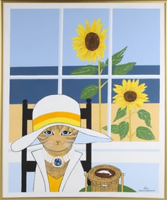 Maggie Meredith Oil on Canvas "Fancy Cat and Sunflowers"