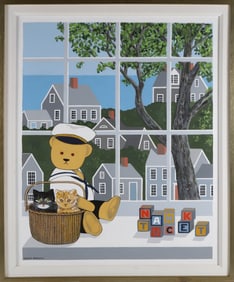 Maggie Meredith Oil on Canvas "Teddy Bear and Nantucket Blocks"