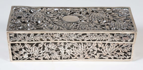Chinese Export Silver Floral Reticulated Box, Signed HC