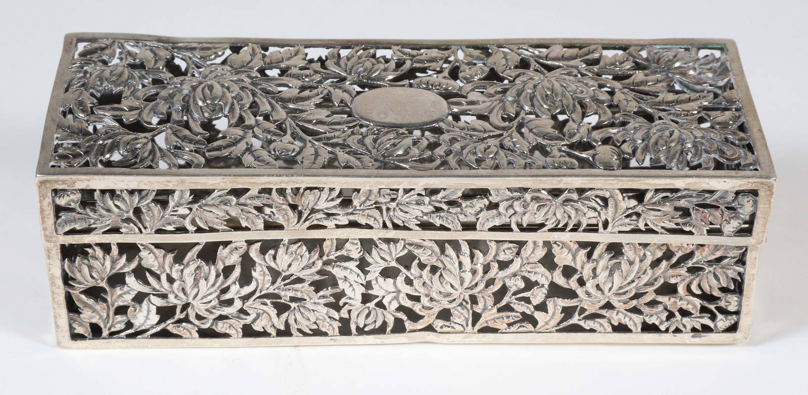 Chinese Export Silver Floral Reticulated Box, Signed HC