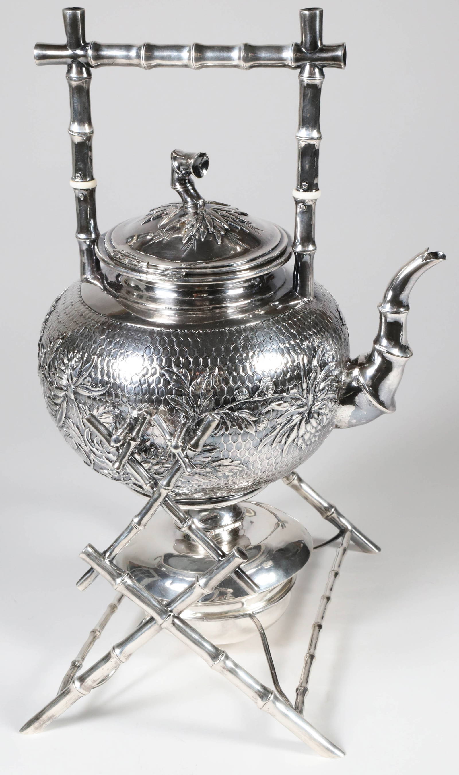 Chinese Export Silver Tea Kettle and Burner on Stand, circa 1900