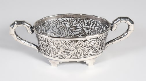Chinese Export Silver Reticulated Two Handled Oval Bowl, late 19th Century / early 20th C.