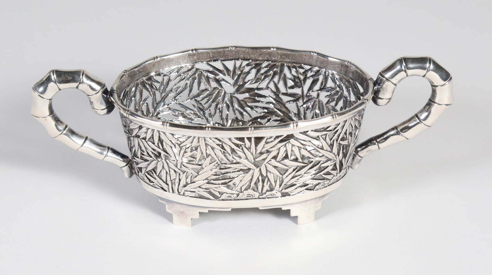 Chinese Export Silver Reticulated Two Handled Oval Bowl, late 19th Century / early 20th C.