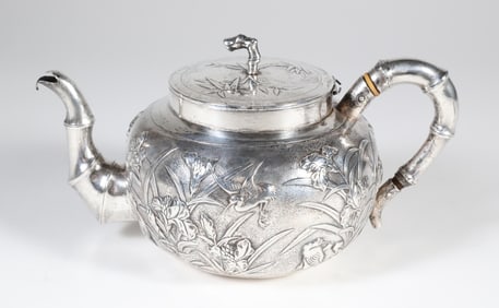 Chinese Export Silver Teapot Embossed with Lilies and Waterfowl, Stamped Shanghai