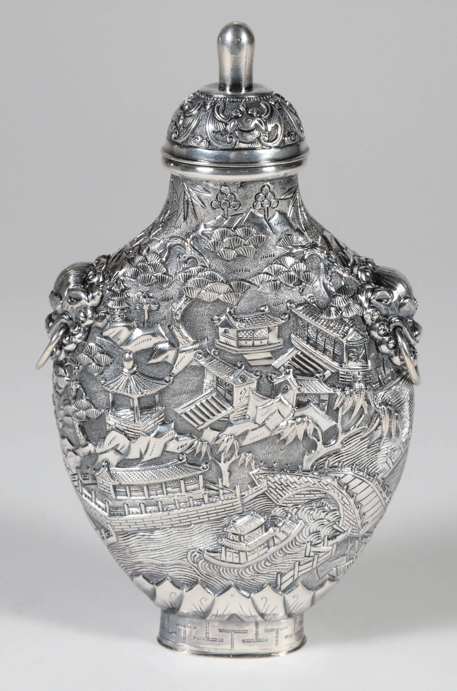 Chinese Export Silver Medicine Bottle with Cityscape Embossed Design