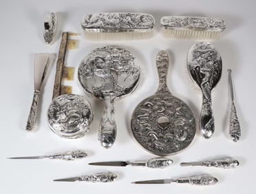 Chinese Export Silver Vanity Set Comprising 15 Pieces
