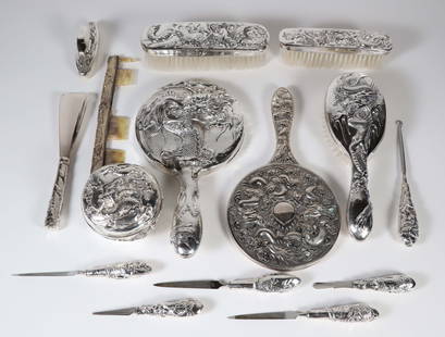 Chinese Export Silver Vanity Set Comprising 15 Pieces: Chinese Export Silver Vanity Set Comprising 15 Pieces, including mirrors, brushes, boot hook, shoe horn, files, etc. Provenance: Collection of Susan Akers, 7 Pleasant Street, Nantucket Island, Massach