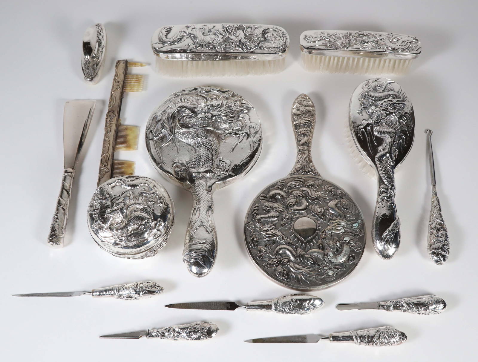 Chinese Export Silver Vanity Set Comprising 15 Pieces