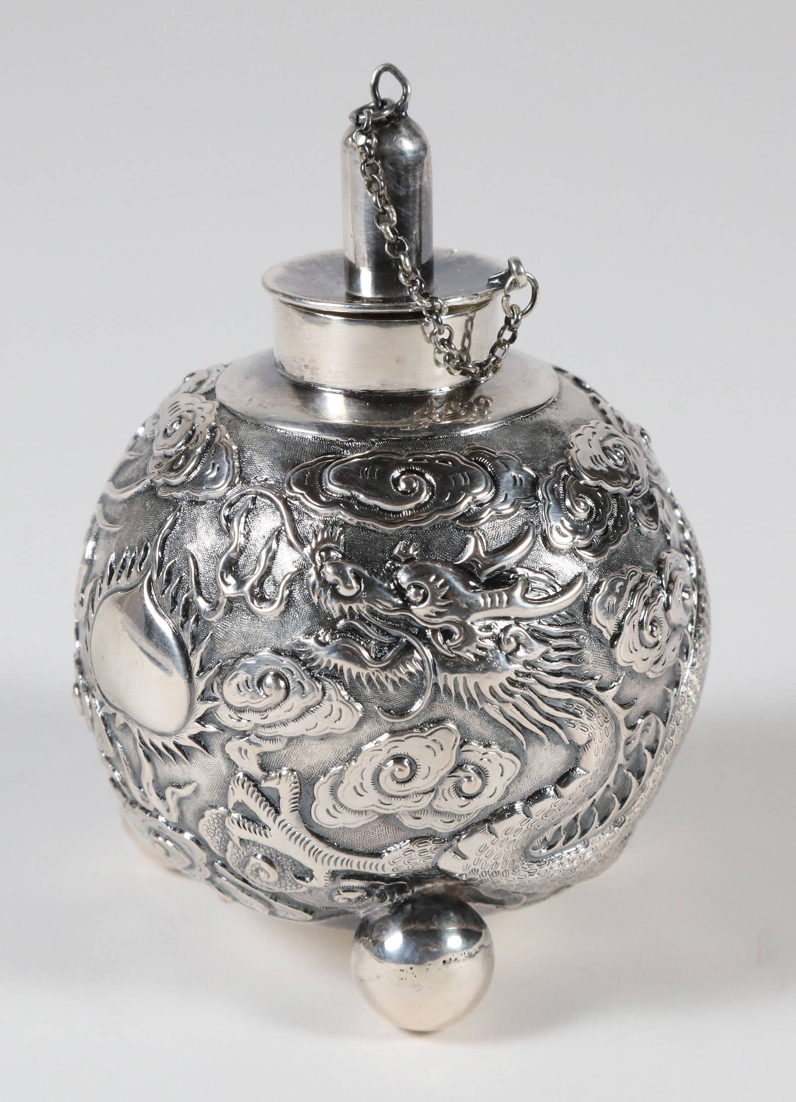 Chinese Export Silver Dragon Embossed Oil Lamp