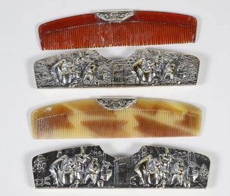 Pair of Lady's Silver Hans Jensen Repousse Comb Cases and Combs