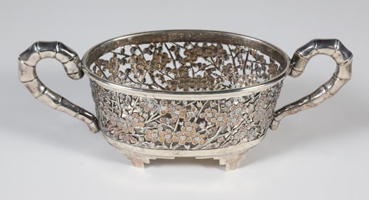 Chinese Export Silver Reticulated Two Handle Cherry Blossom Bowl, Signed Luen Wo