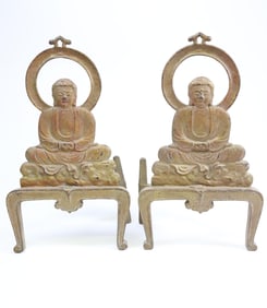 Pair Of Vintage Gilt Iron Japanese Buddha Andirons, circa 1920s