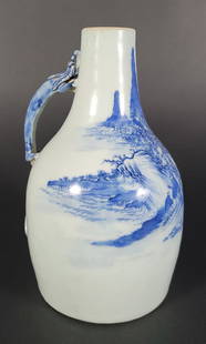 Antique Chinese Blue & White Porcelain Dragon Handle Bottle: Antique Chinese Blue &amp; White Porcelain Dragon Handle Bottle, circa late 19th century, blue mountainous landscape decoration and figural dragon handle. Height 7.5 in. Diameter of base 4 in.