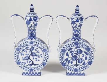 Pair of Chinese Export Blue and White Porcelain Covered Flask Jars