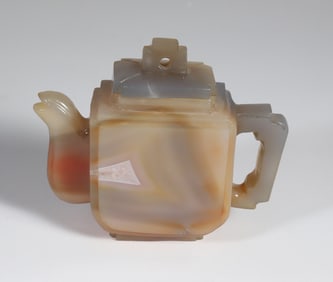 Chinese Multi-color Agate Carved Teapot and Cover