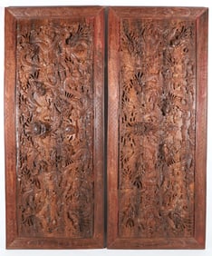 Pair of Antique Chinese Dragon Carved Teak Panels in Deep Relief, 19th Century