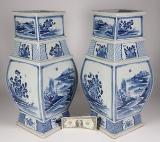 Pair of Large Antique Chinese Blue and White Canton Vases, 19th Century