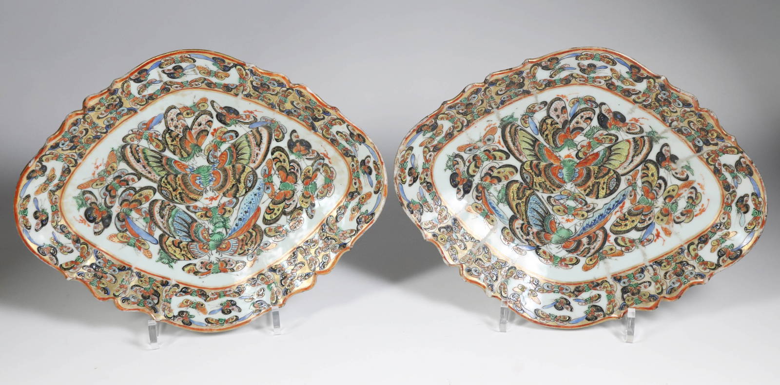 Pair of Chinese Export \"Thousand Butterfly\" Diamond Shape Serving Platters, 19th Century