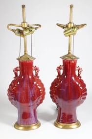 Pair of Chinese Oxblood Flambe Glazed San de Boeuf Vases Mounted as Lamps, 19th Century