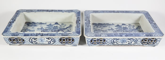Pair of Antique Chinese Blue and White Porcelain Narcissus Flower Pots, 19th Century